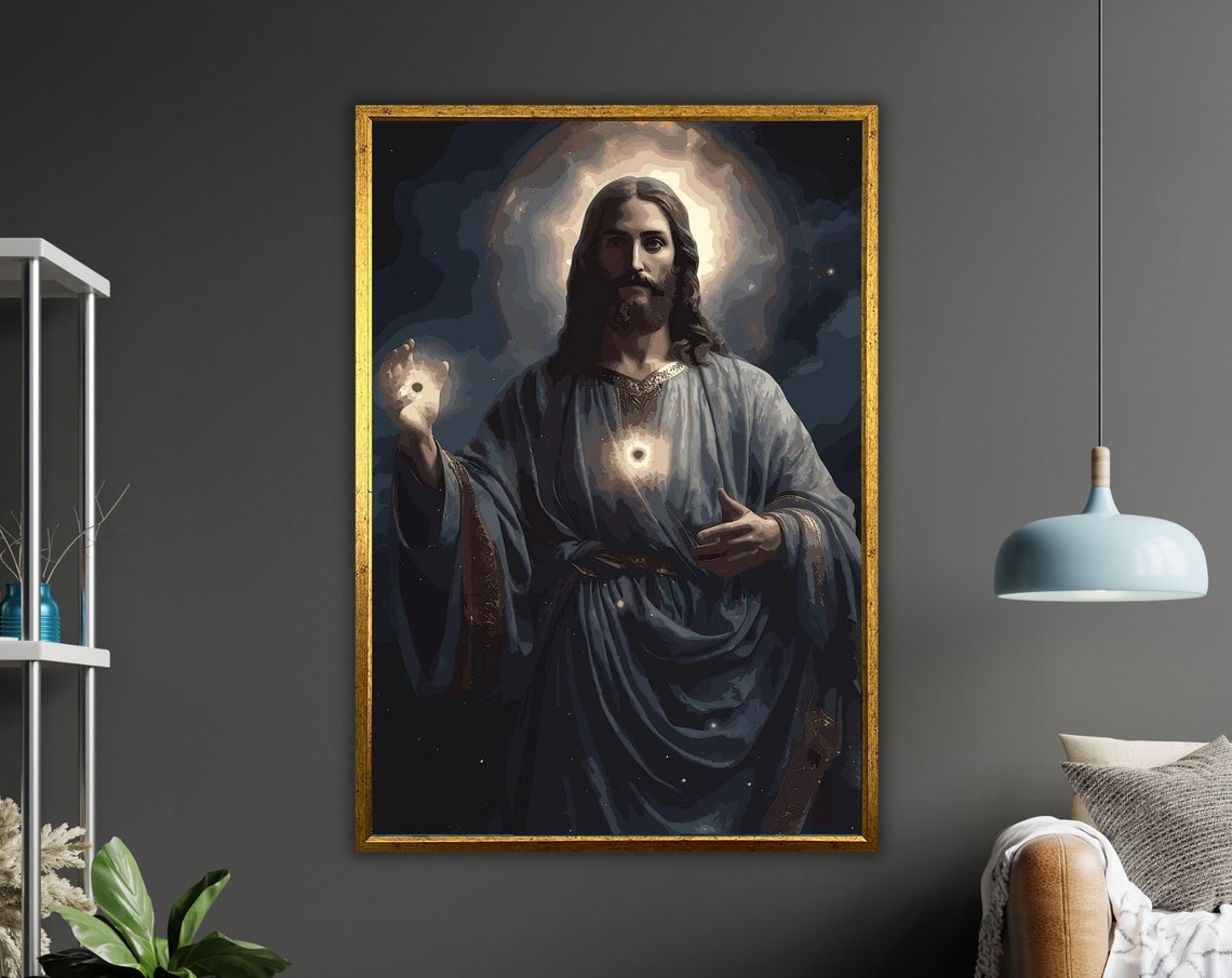 Jesus Glowing Sacred Heart Night Cosmic Blue Robe Art Print Poster