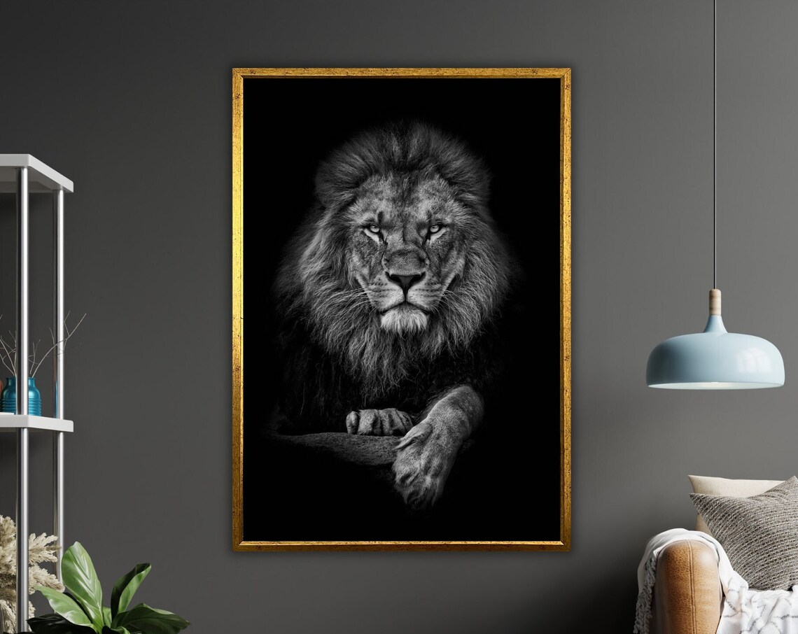 Black And White Majestic Lion Portrait Wildlife Photography Wall Art Print