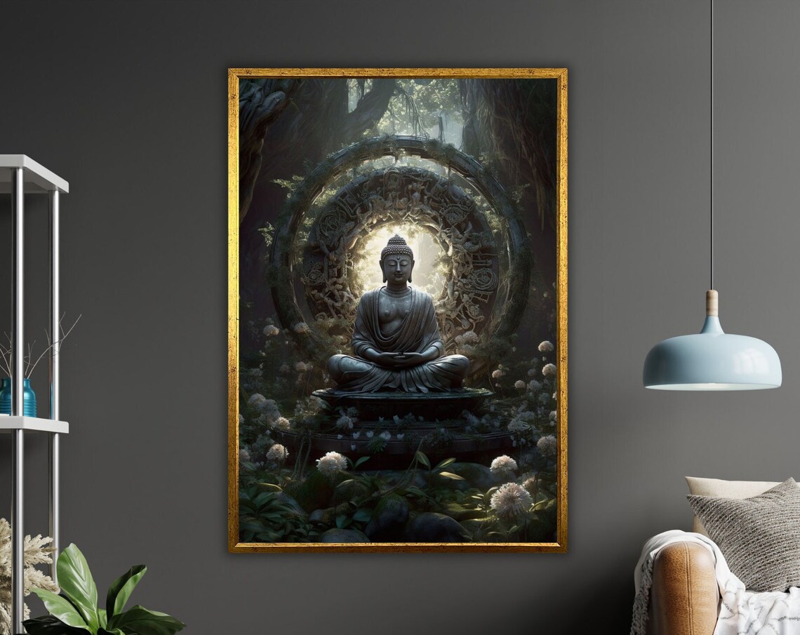 Buddha Jungle Statue Print Ready To Hang Framed Art Zen Wall Decor Nature Inspired