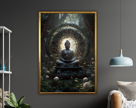 Buddha Jungle Statue Print Ready To Hang Framed Art Zen Wall Decor Nature Inspired