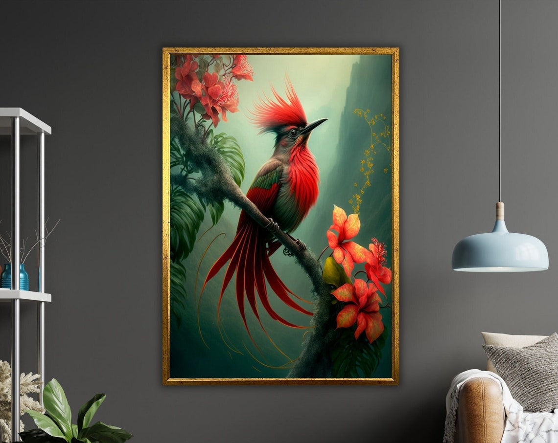 Crimson Plumed Tropical Bird Perched Among Flowers Jungle Art Poster