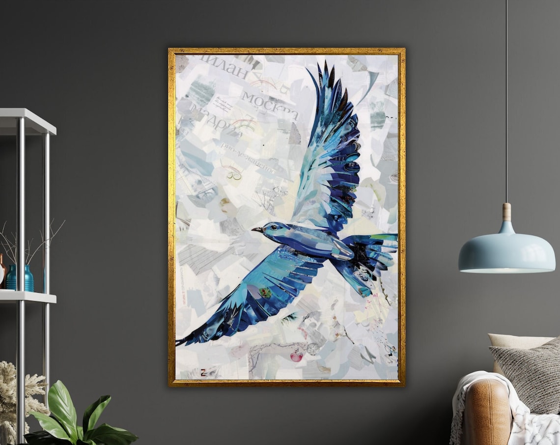 Blue Bird In Flight Mixed Media Collage Newspaper Texture Art Poster