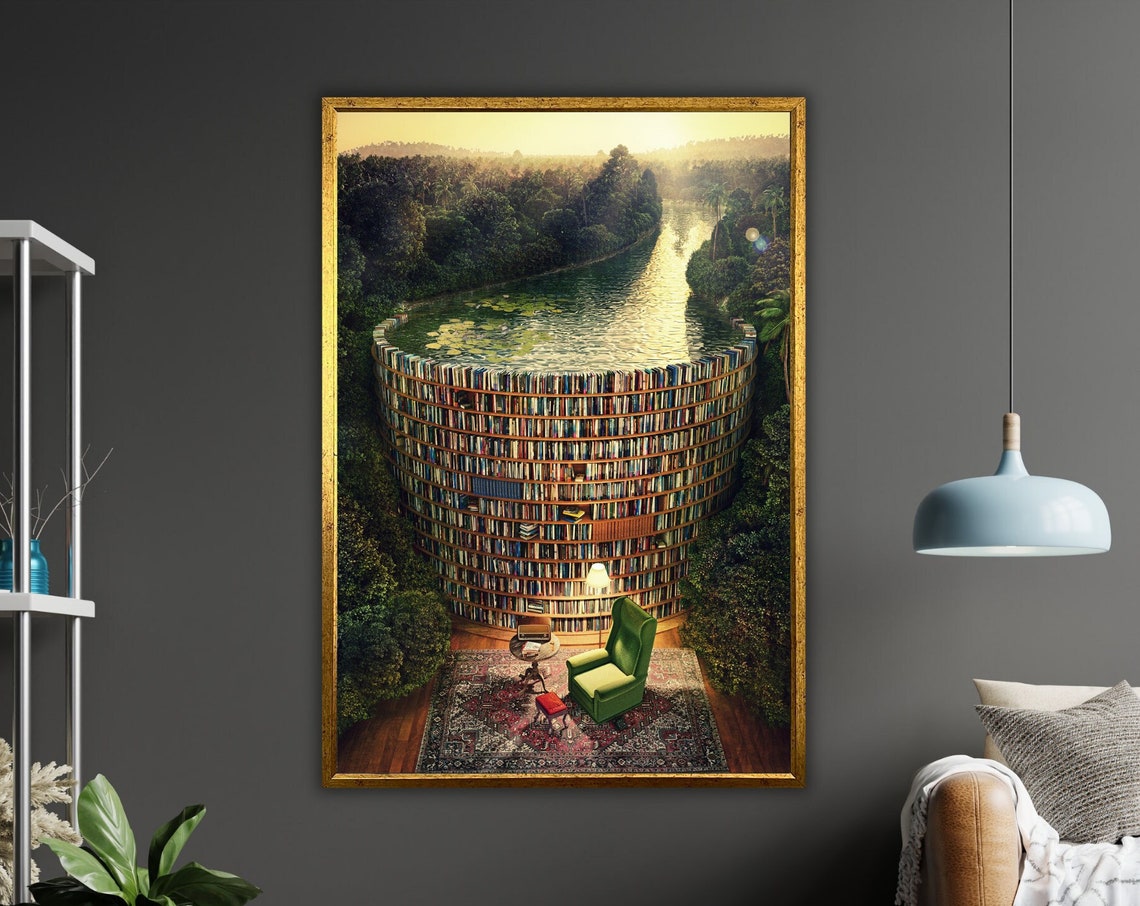 Surreal Circular Library Waterfall Forest Reading Nook Art Poster