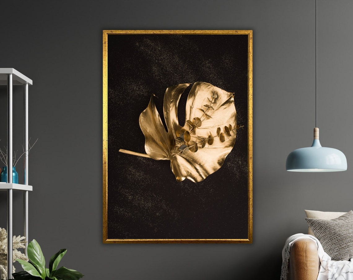 Gold Tropical Leaf Eucalyptus Sprig Black Gold Dust Botanical Poster