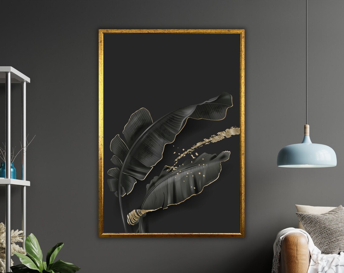 Black Tropical Banana Leaves Gold Edges Dark Botanical Art Poster