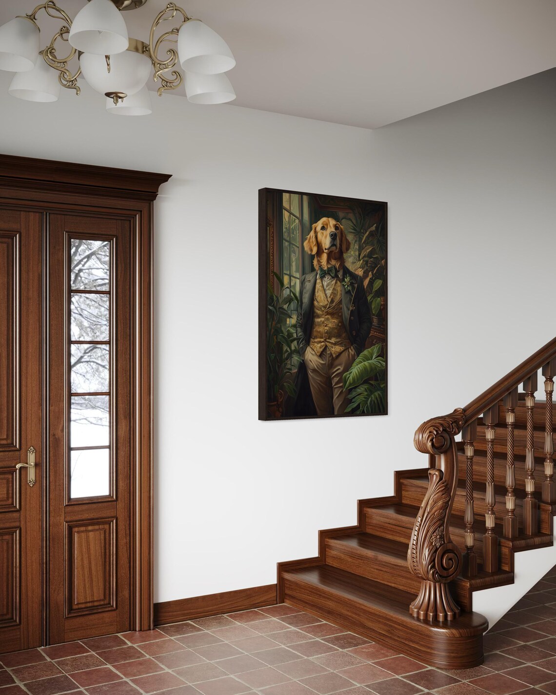 Golden Retriever Gentleman in Tailcoat Among Tropical Plants Poster - Image 2
