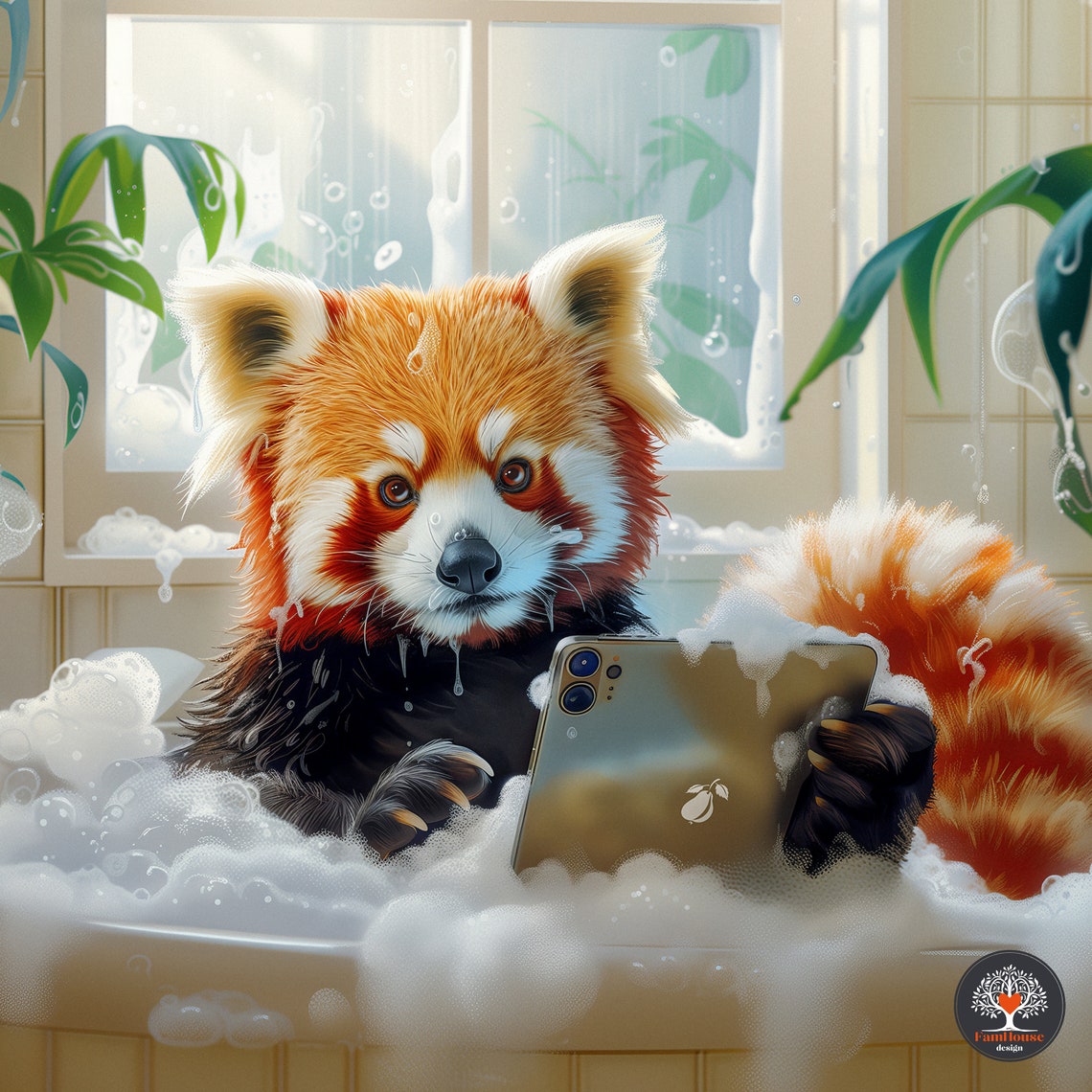 Red Panda Bath Time Relaxing in Bubble Bath with Phone Poster - Image 5