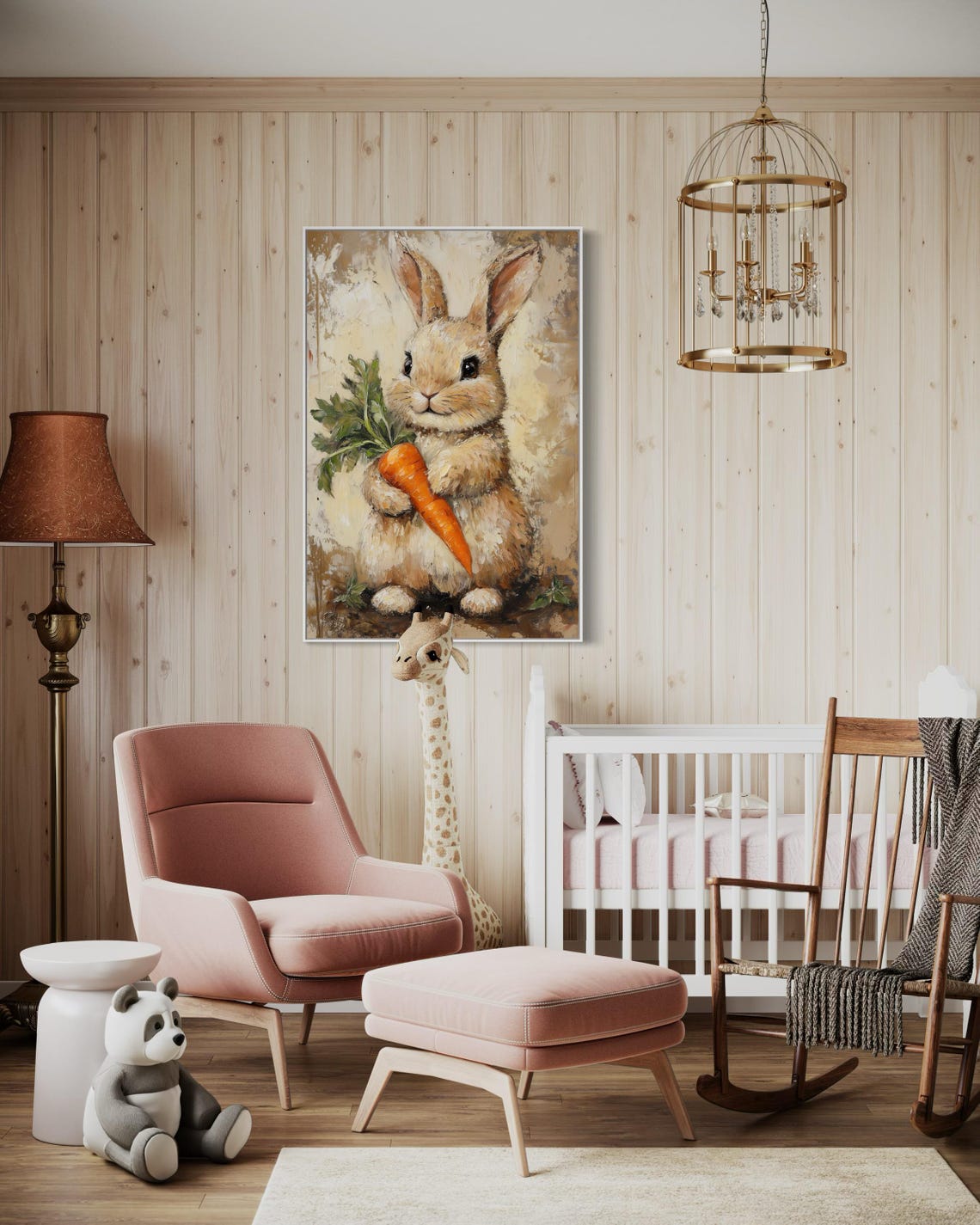 Adorable Bunny Holding a Carrot Oil Painting Rustic Style Poster - Image 3