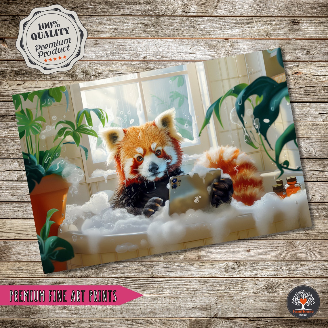 Red Panda Bath Time Relaxing in Bubble Bath with Phone Poster - Image 4