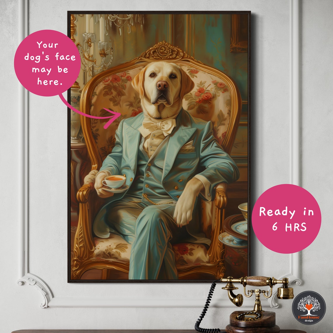 Yellow Labrador Gentleman in Teal Suit Sipping Afternoon Tea Poster - Image 6