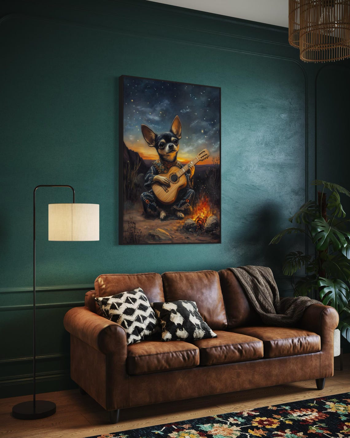 Tiny Chihuahua Mariachi Playing Guitar by Campfire at Sunset Poster - Image 6