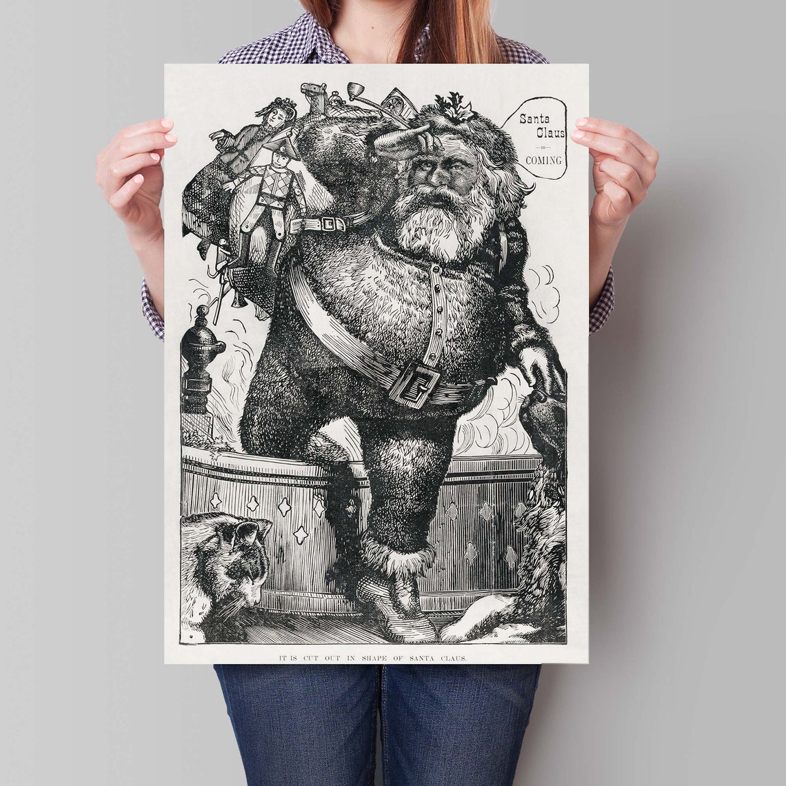 Vintage Santa Claus Is Coming Black White Engraving Holiday Poster - Image 4
