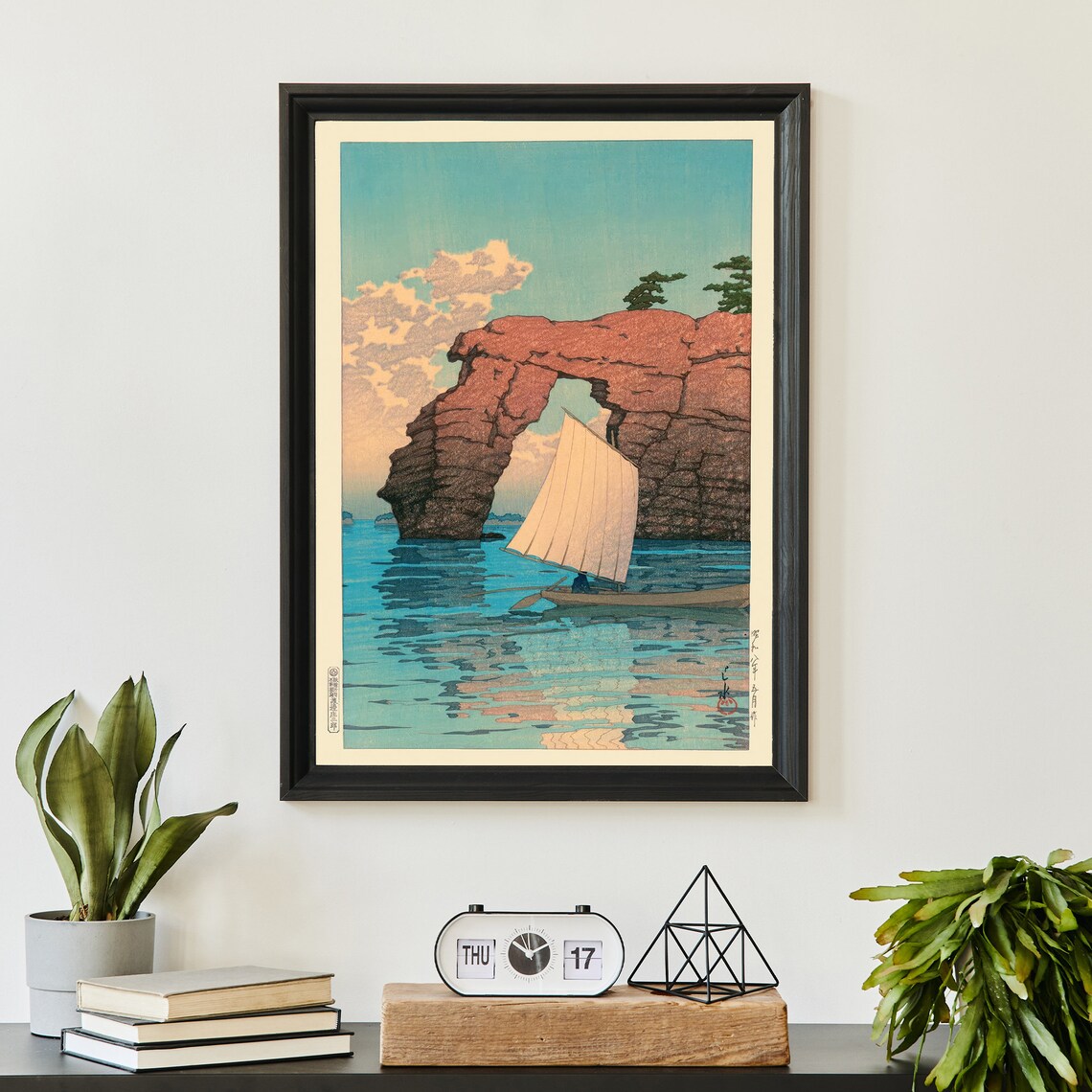 Japanese Stone Arch Sea Sailboat Woodblock Style Coastal Poster - Image 2