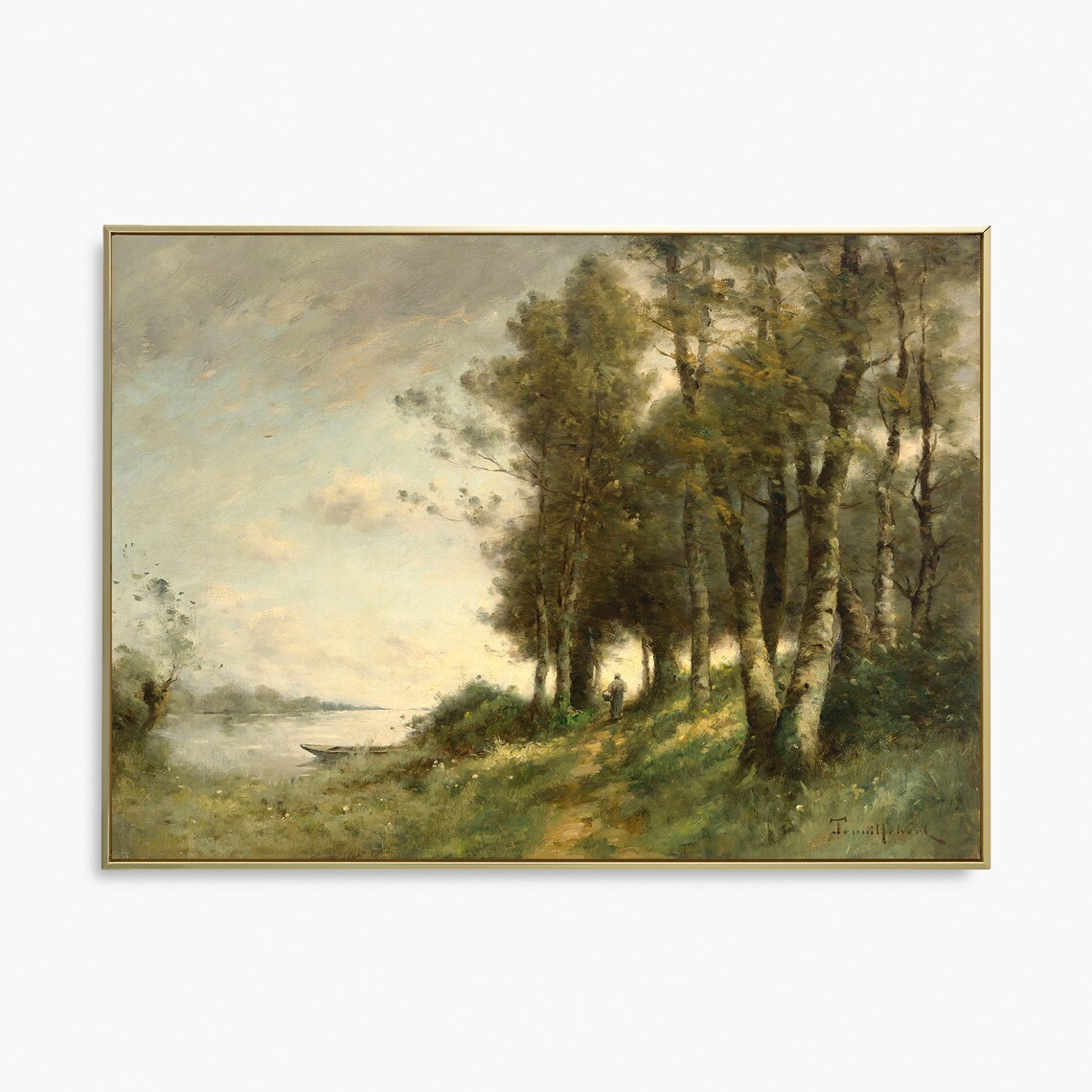 Vintage Oil Painting Woodland River Path Lone Walker Boat Art Poster