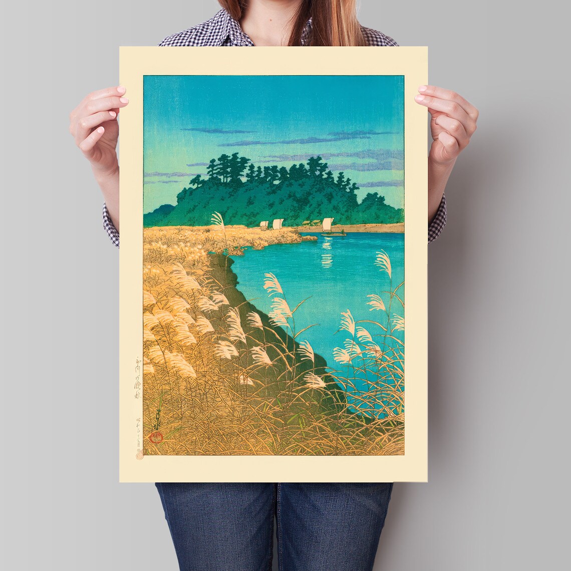 Japanese Lake Autumn Pampas Grass Sailboats Woodblock Art Poster - Image 4