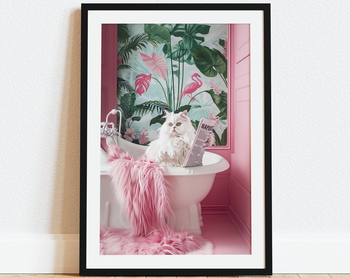 Cat Reading In Bathtub Funny Bathroom Wall Art