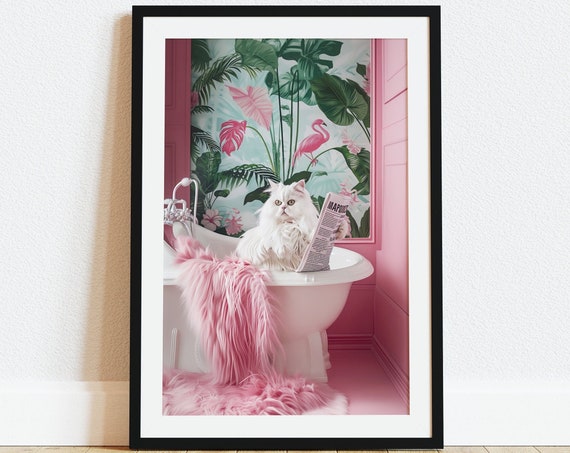 Cat Reading In Bathtub Funny Bathroom Wall Art