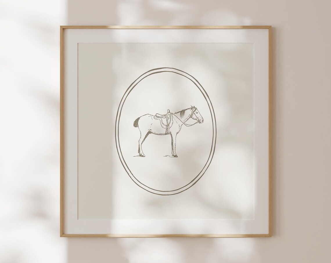 Saddled Horse Line Sketch In Double Oval Vintage Equestrian Poster