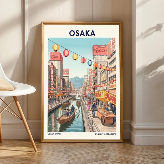 Osaka Lantern Canal Boats Vintage Festival Travel Poster Japan