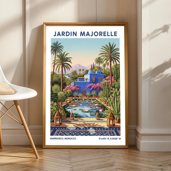 Jardin Majorelle Marrakech Art Print Blue Green And Pink Moroccan Garden Illustration Living Room Decor