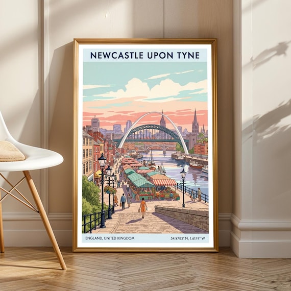 Newcastle Tyne Bridge Art Print Teal And Pink Orange Blue Illustration Uk Travel Poster Cityscape For Living Room Kitchen