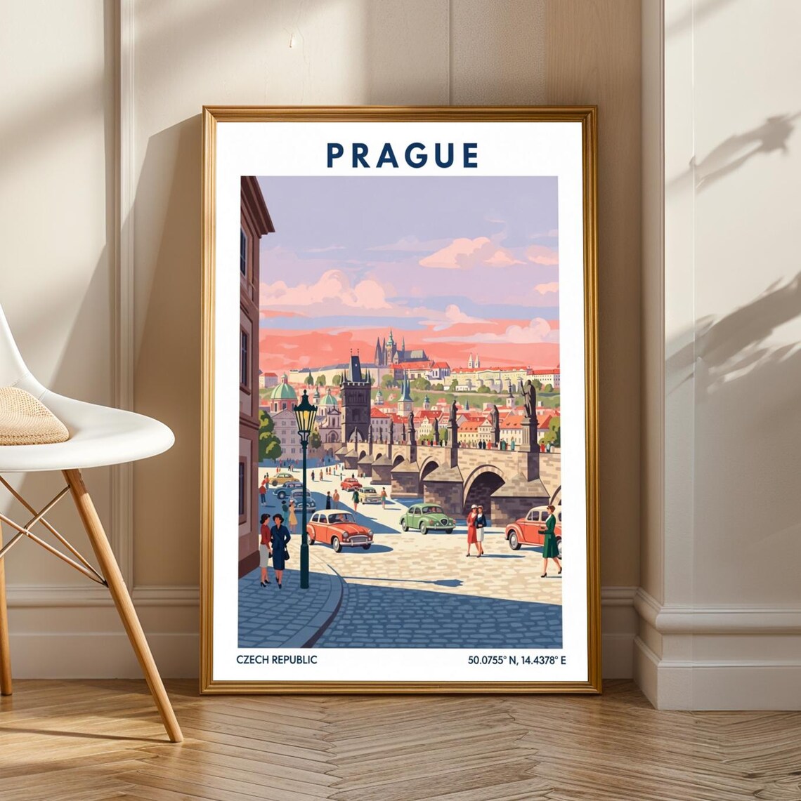 Prague Charles Bridge at Sunset with Vintage Cars Travel Poster