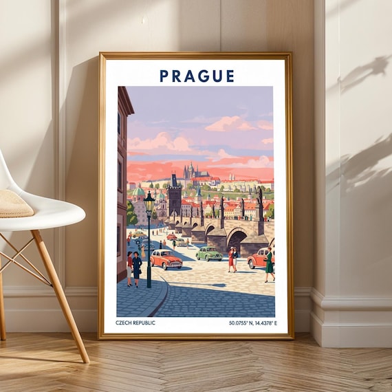 Prague Charles Bridge at Sunset with Vintage Cars Travel Poster