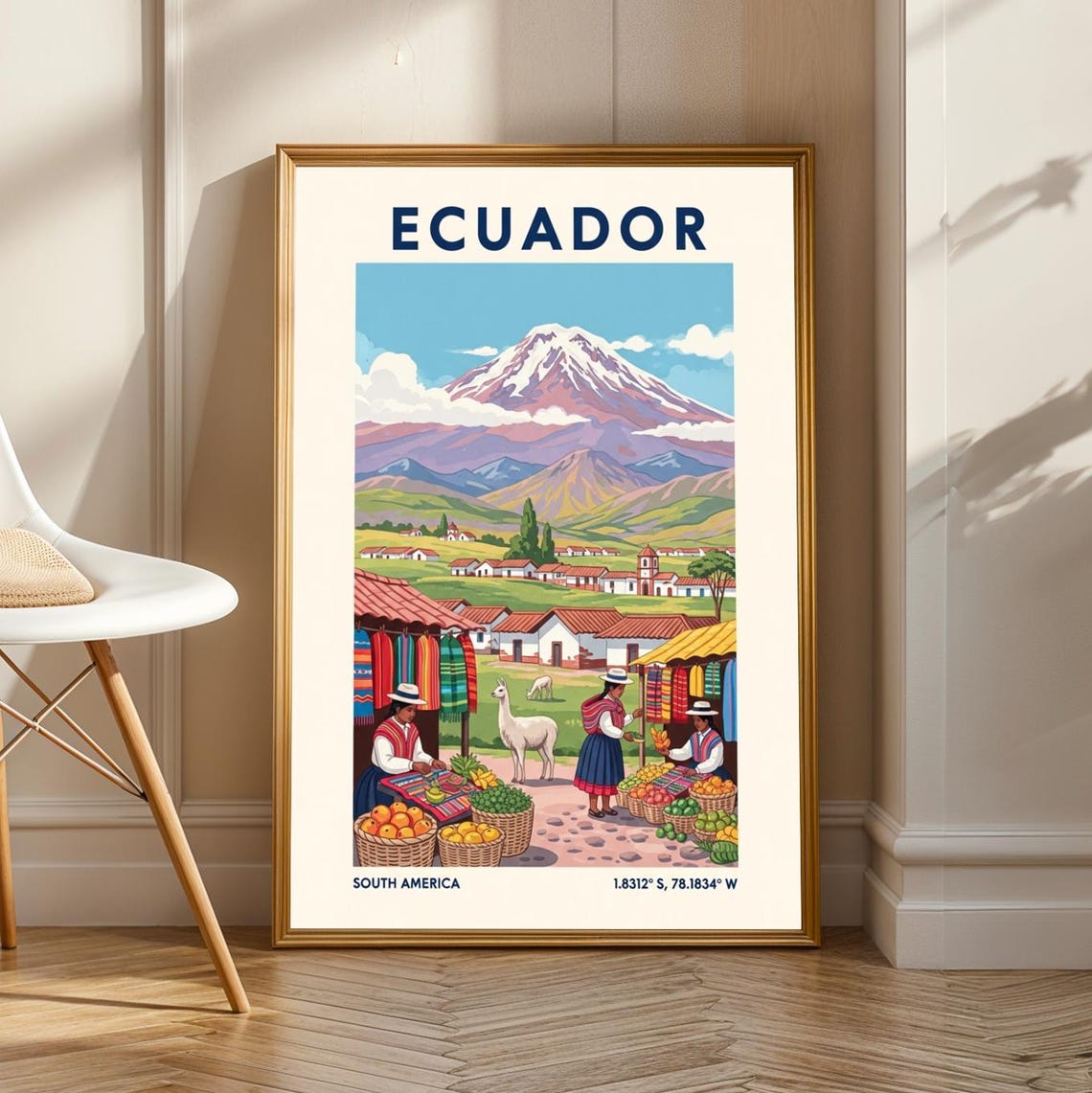 Ecuador Vibrant Market Scene Snowcapped Andean Volcano Travel Poster