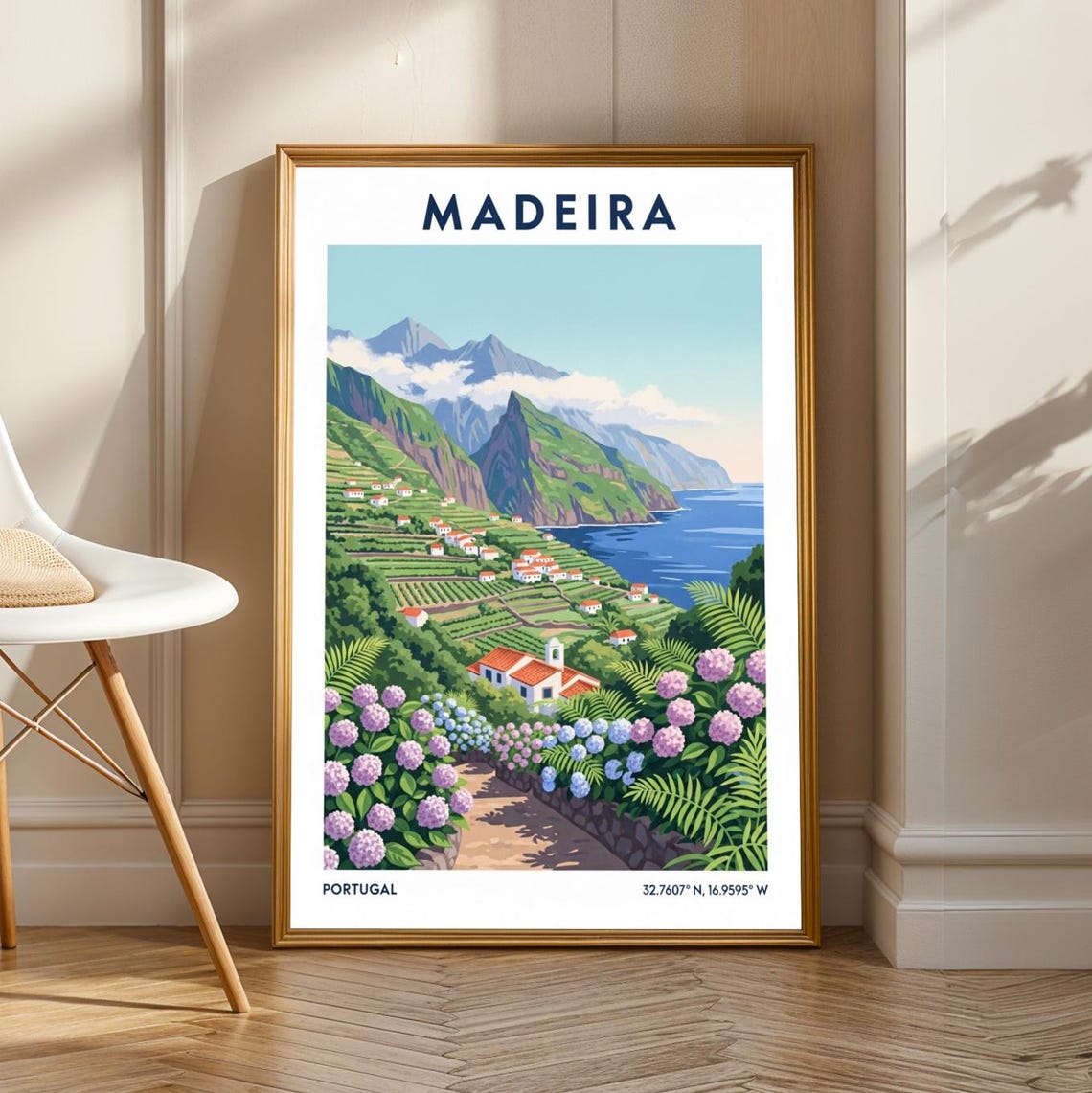 Madeira Portugal Green Mountains Coastal Village Travel Poster