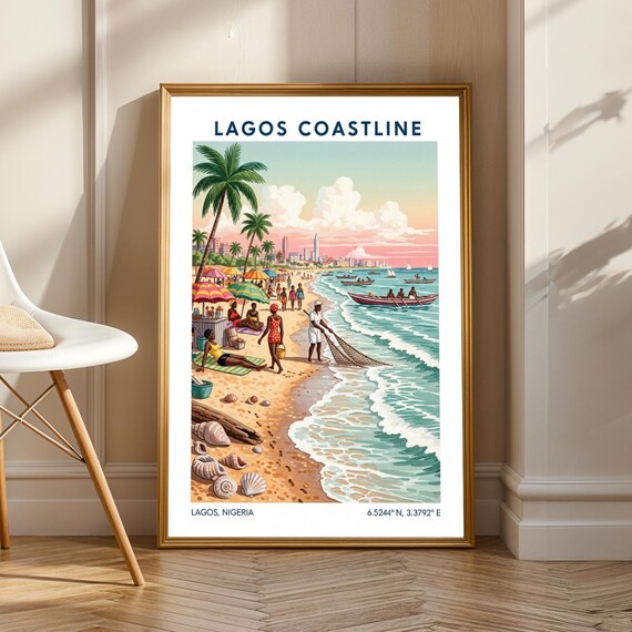 Lagos Beach Scene Poster Vintage Gouache Art Blue And Pink Green Yellow Red Coastal Illustration Tropical Travel Wall