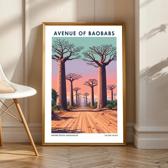 Avenue Of Baobabs Print Pink And Teal Orange Brown Green Illustration Madagascar Travel Art Living Room Or Office Decor