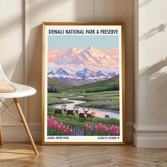 Denali National Park Alaska Caribou Wildflower Vintage Poster
