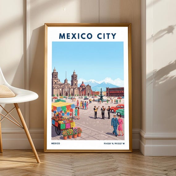 Mexico City Plaza Poster Blue And Red Green Illustration Vintage Travel Art Pink Yellow Mexican Cityscape Print