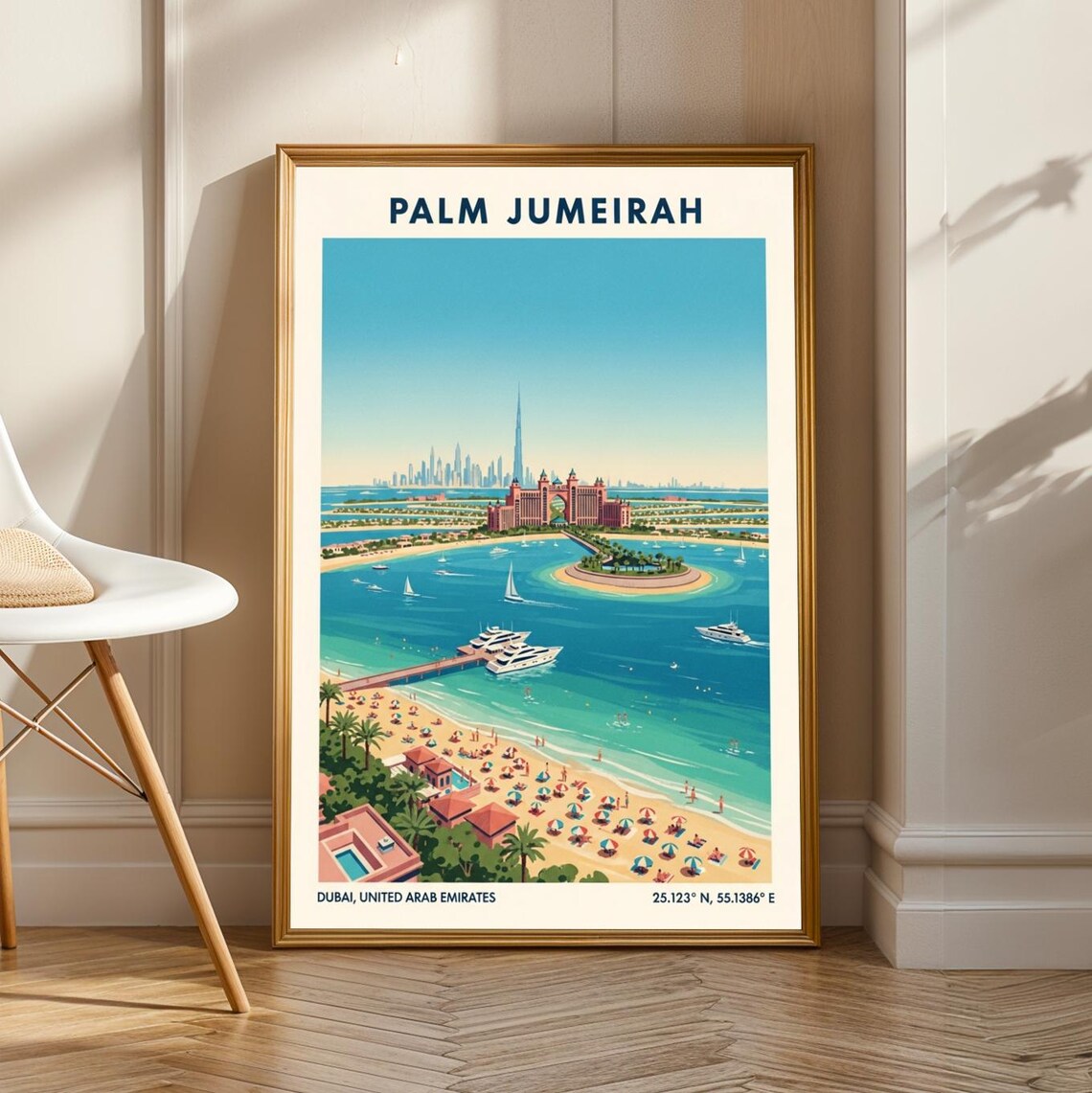 Palm Jumeirah Dubai Beach Resort Scene Vintage Travel Poster