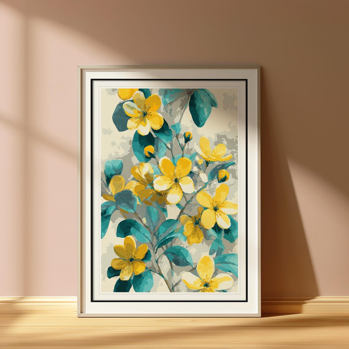 Yellow Floral Wall Art Print Modern Botanical Teal Leaves Poster