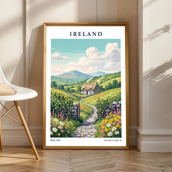 Irish Countryside Landscape Print Ireland Travel Poster Cottage Illustration Wall Art Uk Home Decor