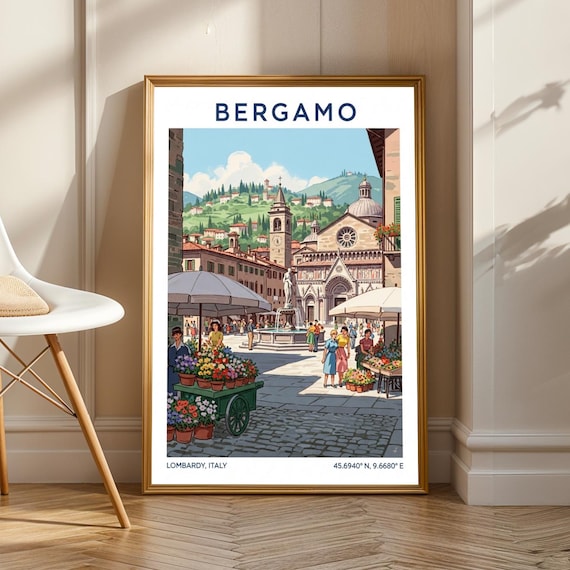 Bergamo Italy Historic Piazza Flower Market Vintage Travel Poster