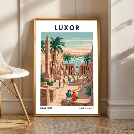 Luxor Egyptian Temples Poster Vintage Gouache Illustration Teal And Pink Beige Wall Art Travel Enthusiast Decor For Living Space