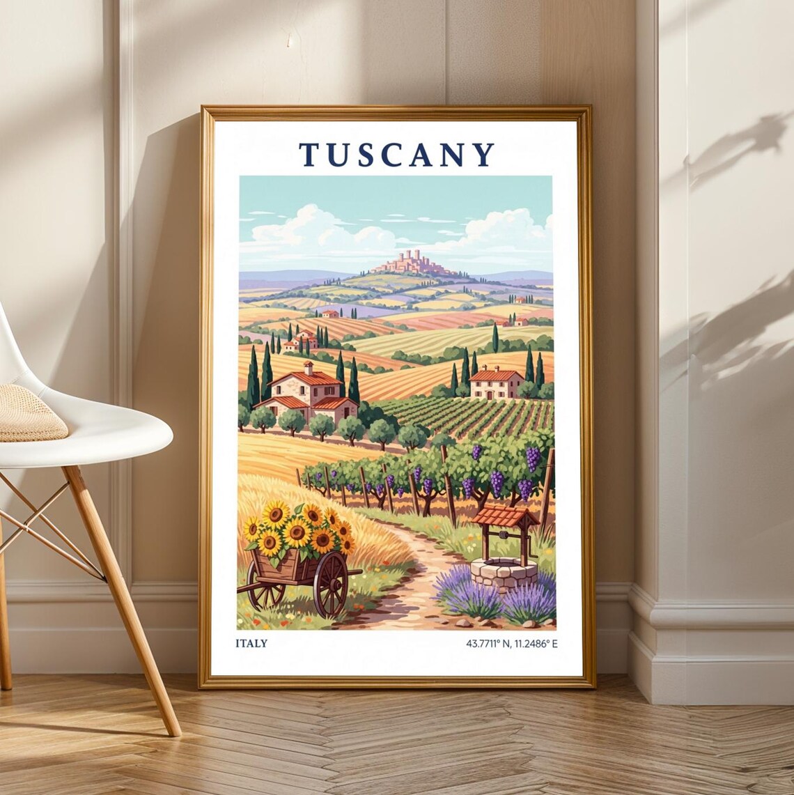 Tuscany Italy Vineyard Sunflowers Countryside Vintage Travel Poster