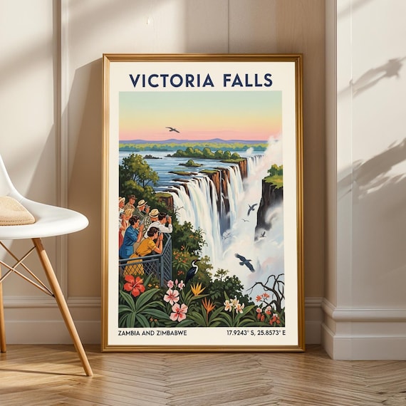 Victoria Falls Gouache Poster Blue And Green Pink Orange Art Vintage Travel Illustration Living Room Office Decor