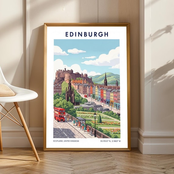 Edinburgh Castle Scene Poster Blue Green Red And Orange Art Contemporary Travel Illustration Living Room Office Decor