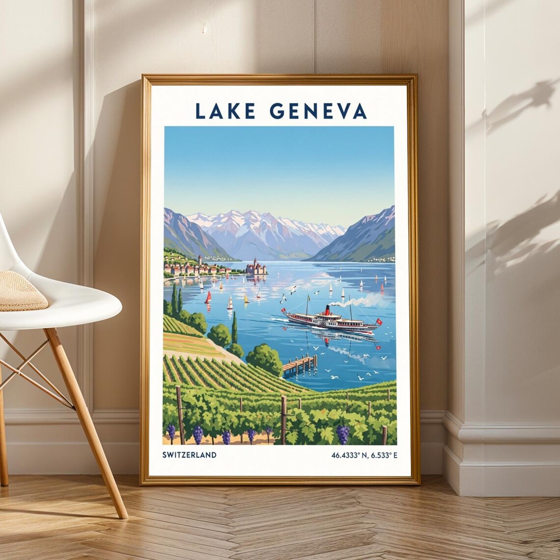 Lake Geneva Steamship Poster Vintage Gouache Art Blue Green Red And White Swiss Landscape Travel Wall For Living Room