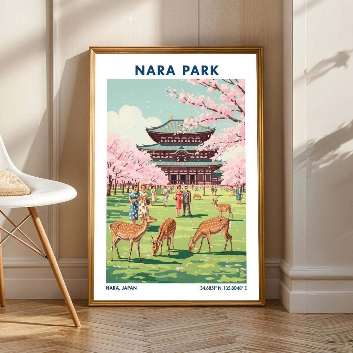 Nara Park Spring Cherry Blossom Deer Grazing Japan Travel Poster