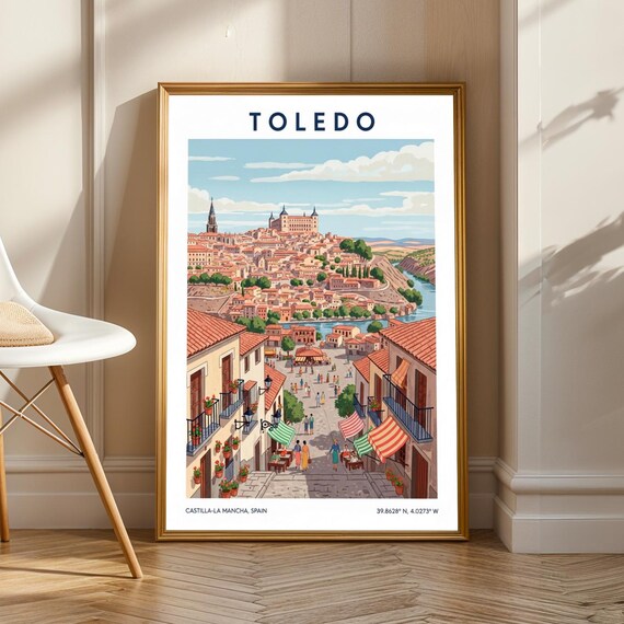 Toledo Spain Old Town Cathedral River Hilltop Travel Illustration Poster
