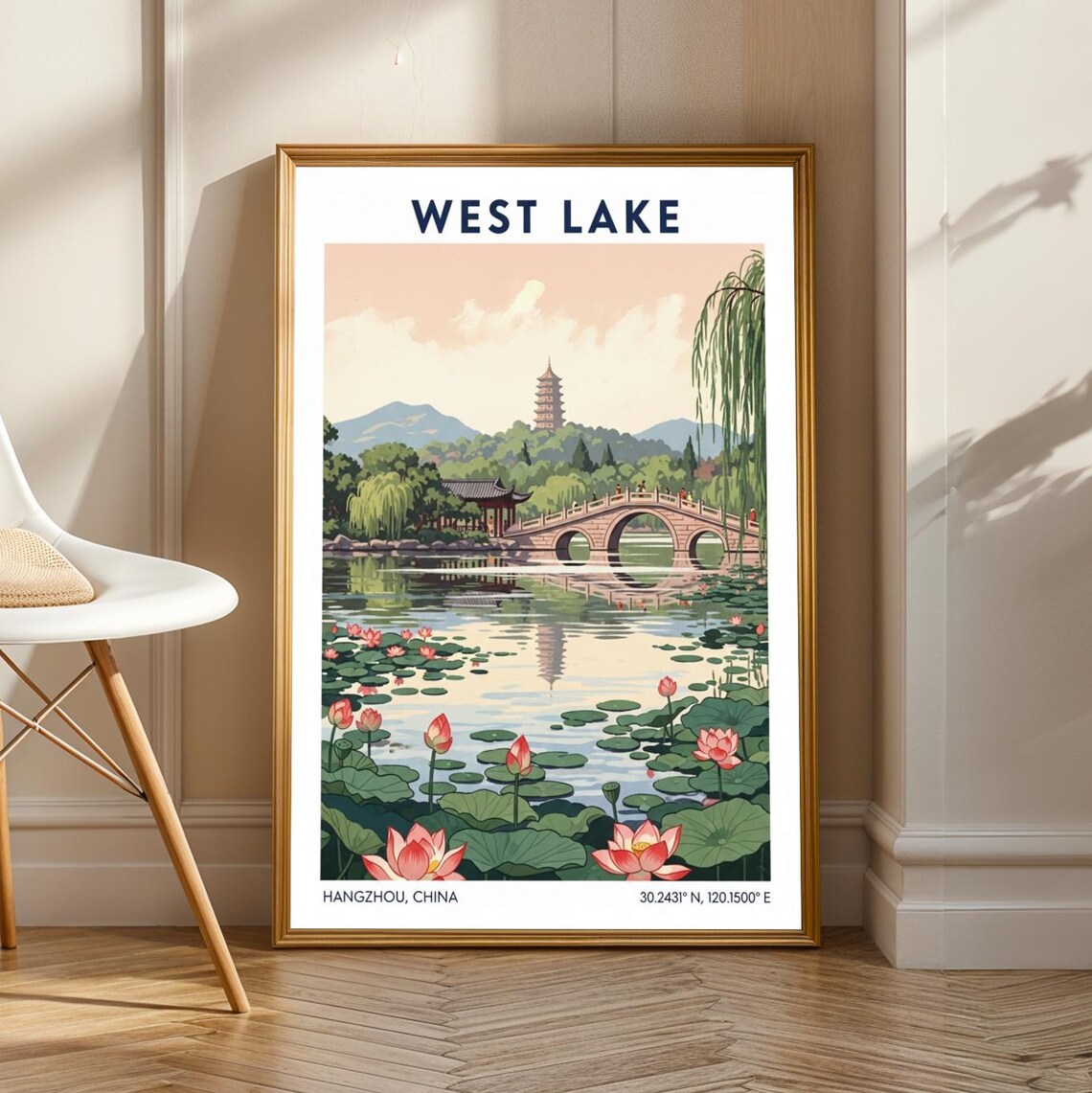 West Lake Hangzhou China Lotus Pagoda Bridge Vintage Travel Poster