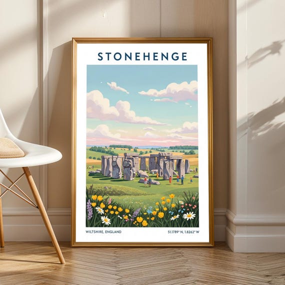 Stonehenge Landscape Print Blue And Green Yellow Illustration Travel Art Poster Living Room Office Decor For Enthusiasts
