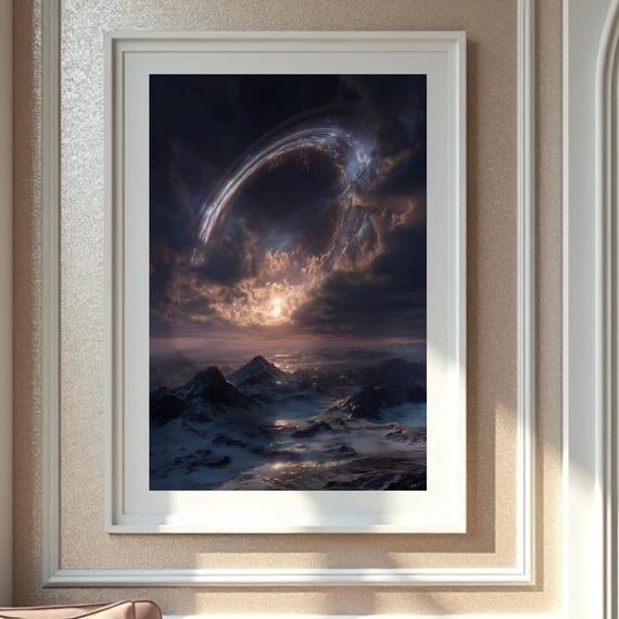Cosmic Sky Over Mountains Surreal Fantasy Wall Art Print Scifi Landscape