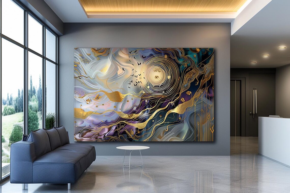 Golden Sun Spiral in Purple Clouds Birds Abstract Painting Poster
