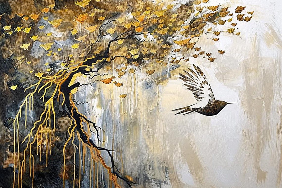 Golden Dreams Elegant Golden Tree With Roots And Flying Bird Poster - Image 2