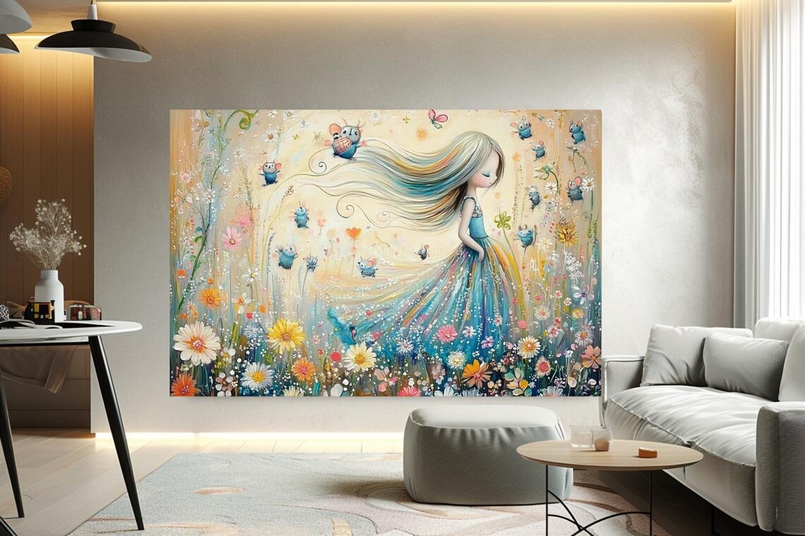 Girl In Blue Dress Garden Of Flowers And Birds Whimsy Poster